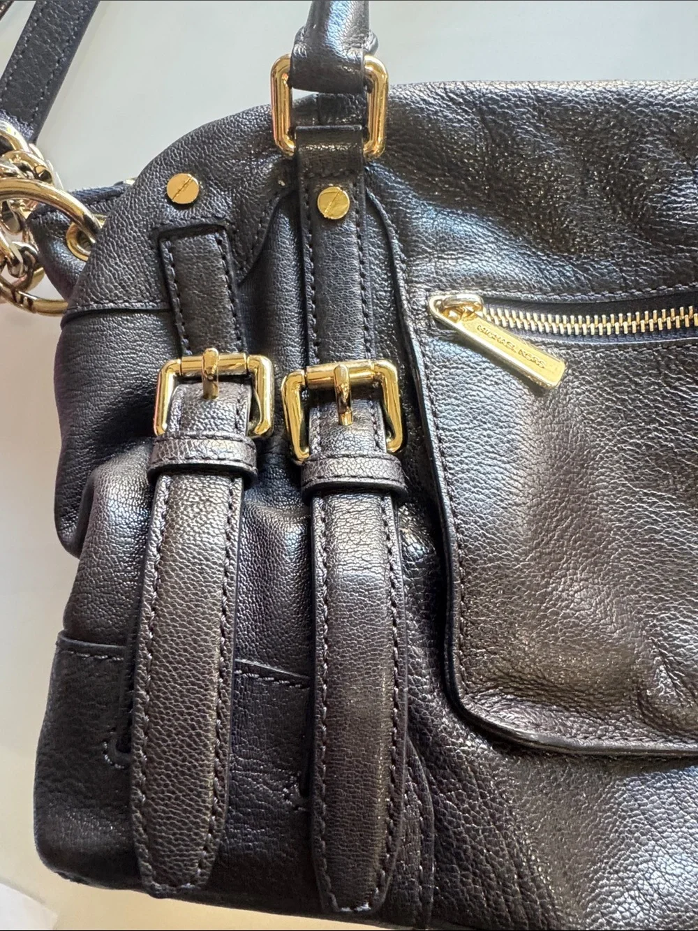 Michael Kors Black Leather Satchel with Gold Accent Logo Charm